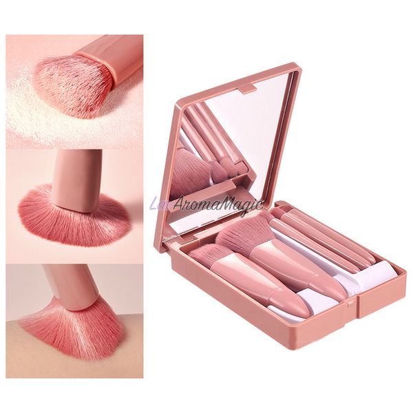 Набір пензликів для макіяжу 5 шт. ANbeauty в зручному органайзері з дзеркалом, Рожевий MMU-4968 фото