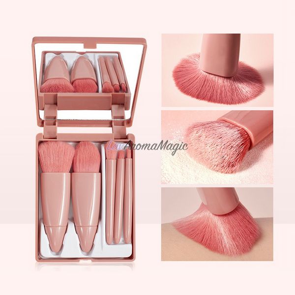 Набір пензликів для макіяжу 5 шт. ANbeauty в зручному органайзері з дзеркалом, Рожевий MMU-4968 фото